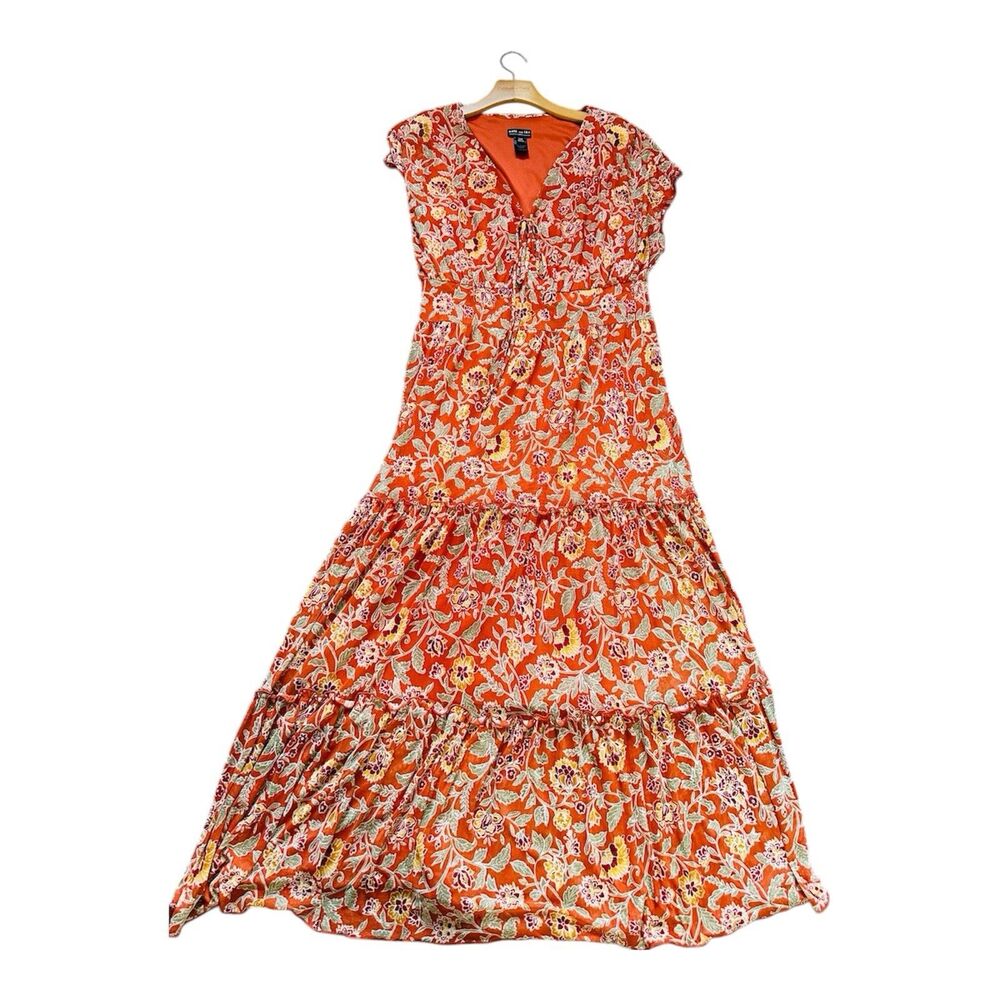 Kate & Lily Dress Cottage core 14W Orange Floral  Tiered Maxi Lined Flutter Boho